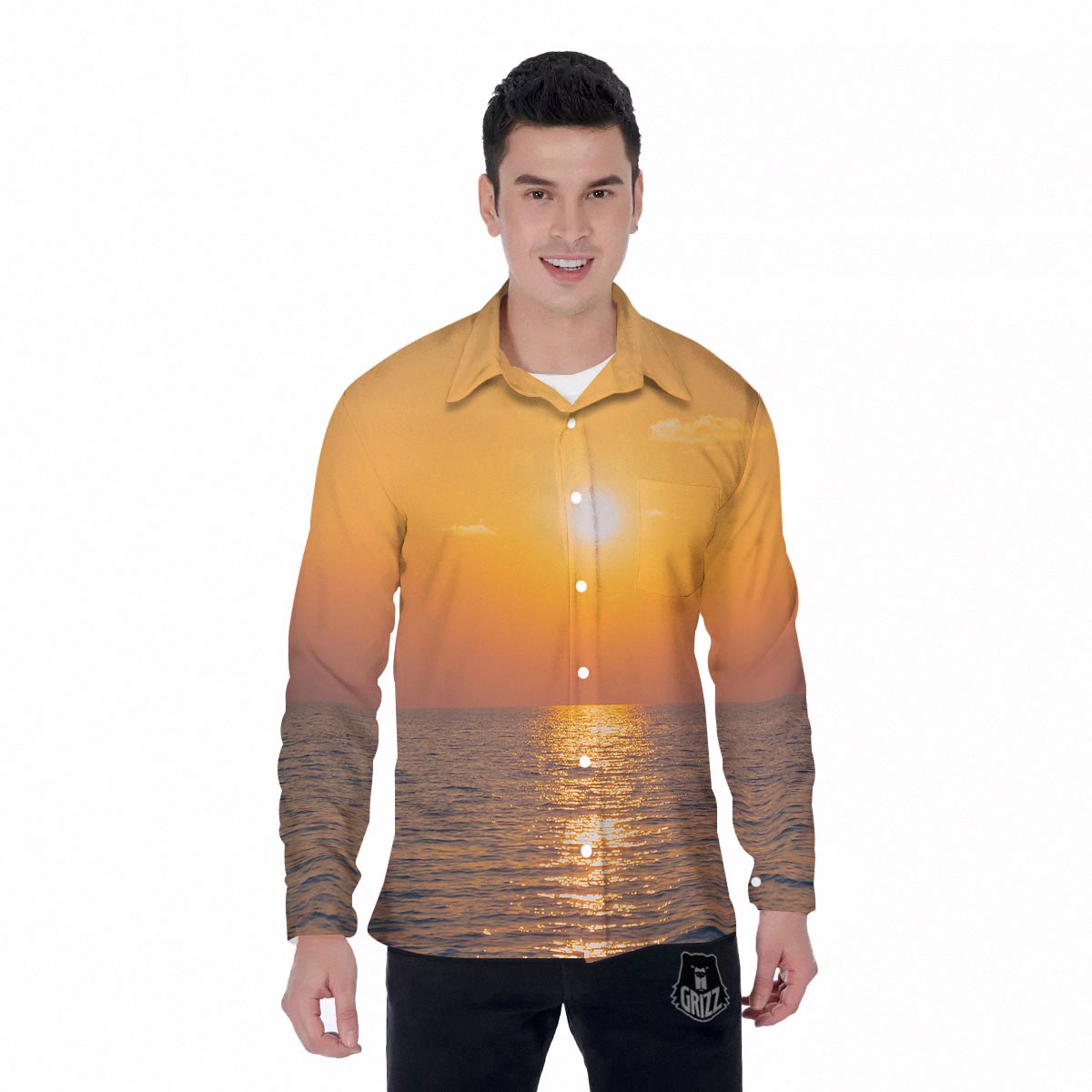 Horizon Sunrise Print Men's Long Sleeve Shirts-grizzshop
