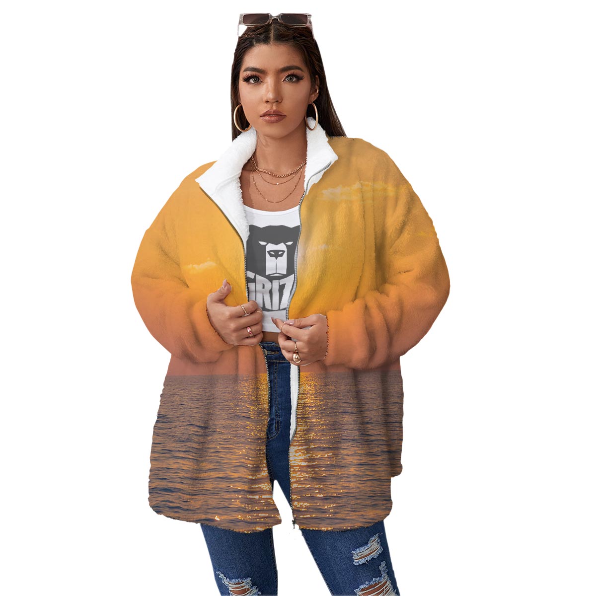 Horizon Sunrise Print Women's Sherpa Jacket-grizzshop