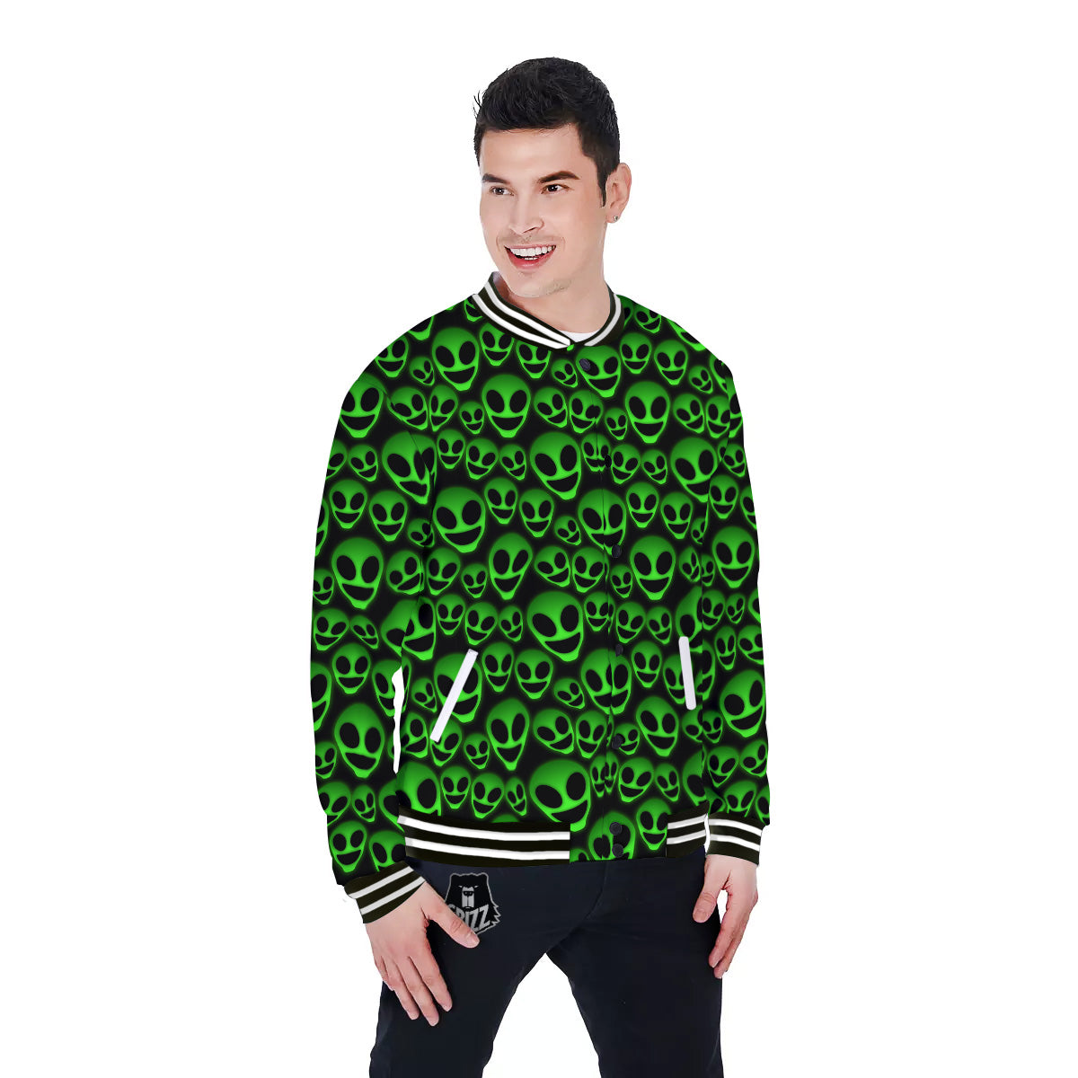 Horror Alien Green Neon Print Pattern Baseball Jacket-grizzshop