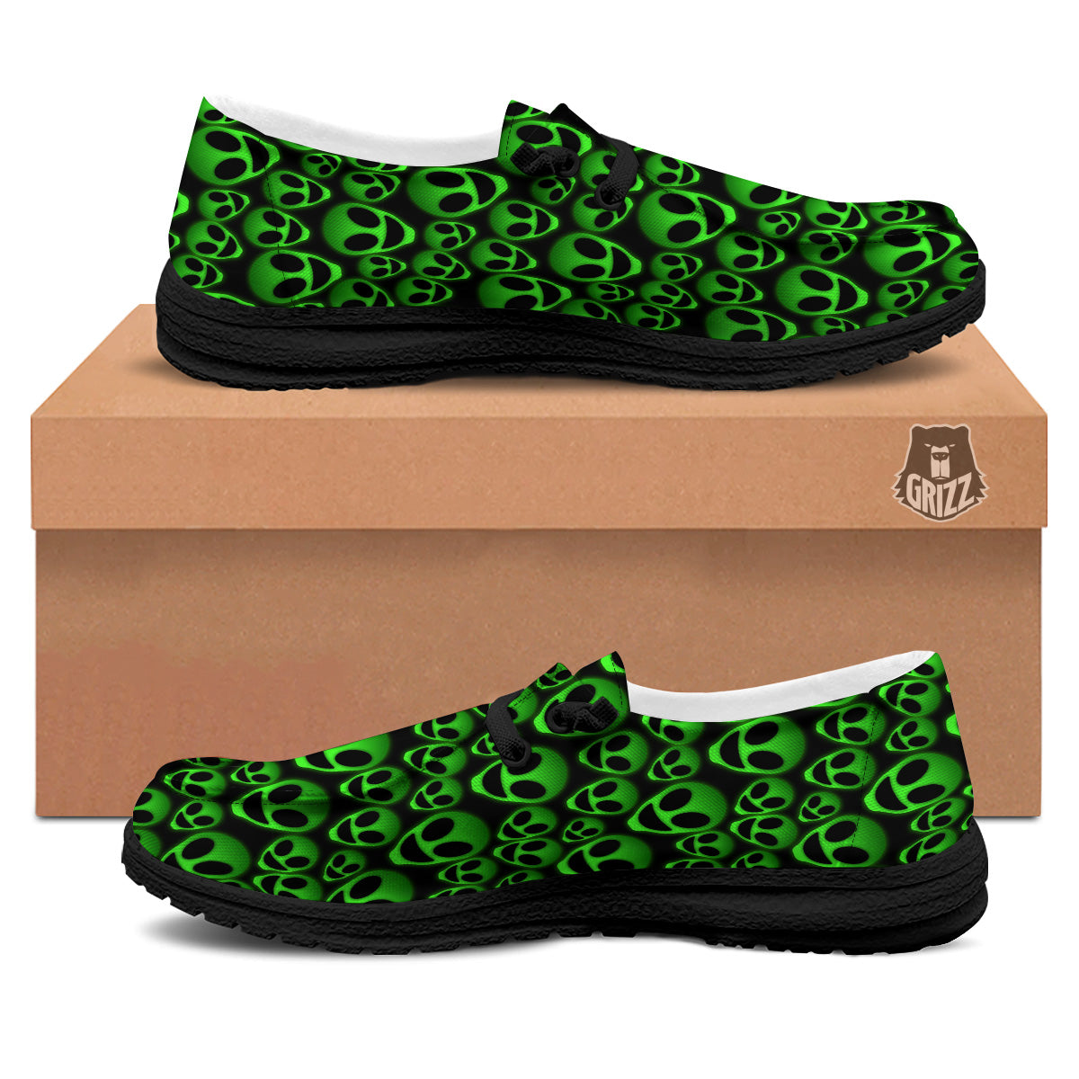 Horror Alien Green Neon Print Pattern Black Loafers-grizzshop