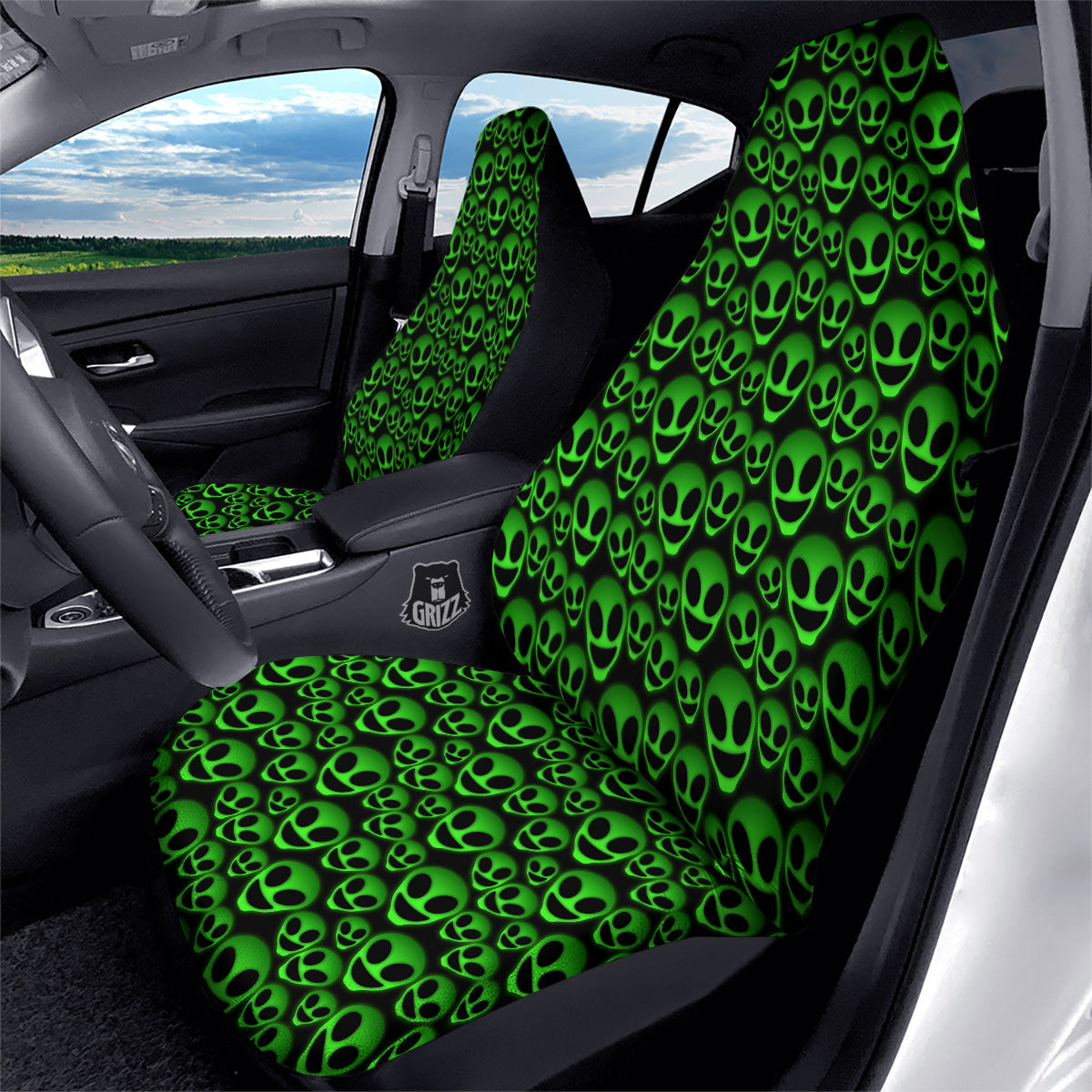 Horror Alien Green Neon Print Pattern Car Seat Covers-grizzshop