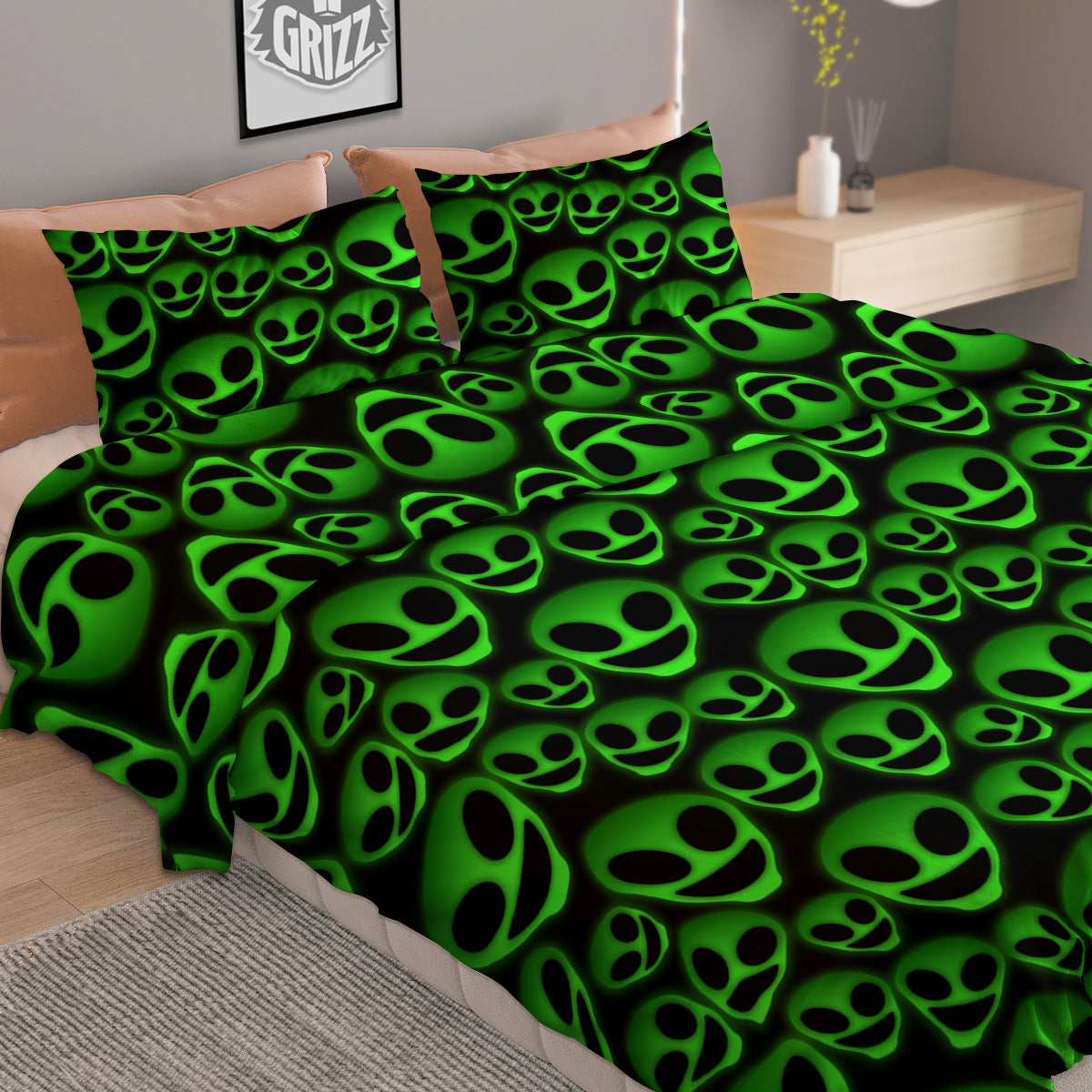 Horror Alien Green Neon Print Pattern Duvet Cover Bedding Set