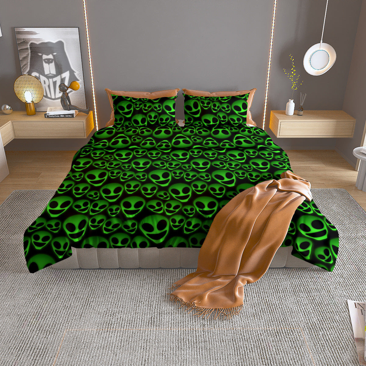 Horror Alien Green Neon Print Pattern Duvet Cover Bedding Set