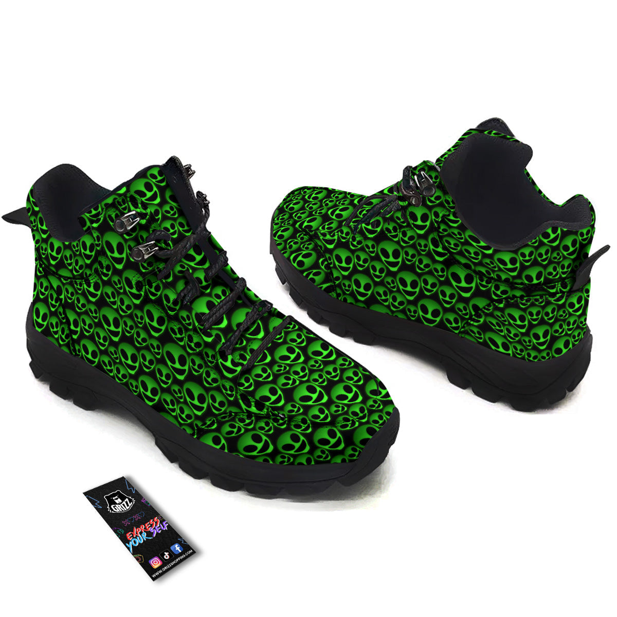 Horror Alien Green Neon Print Pattern Hiking Shoes-grizzshop