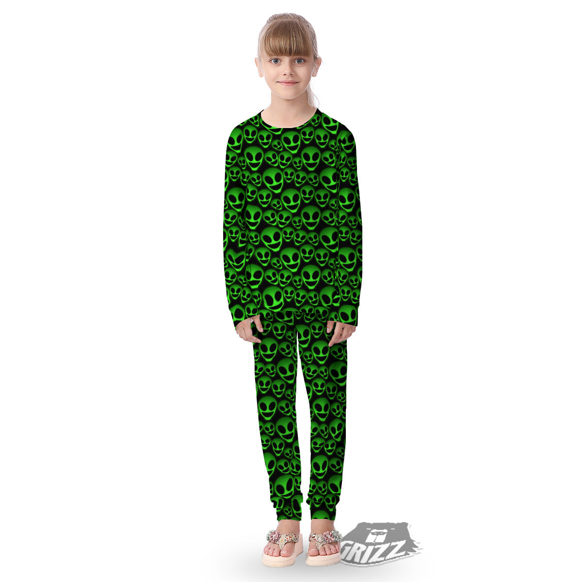 Horror Alien Green Neon Print Pattern Kid's Pajamas-grizzshop