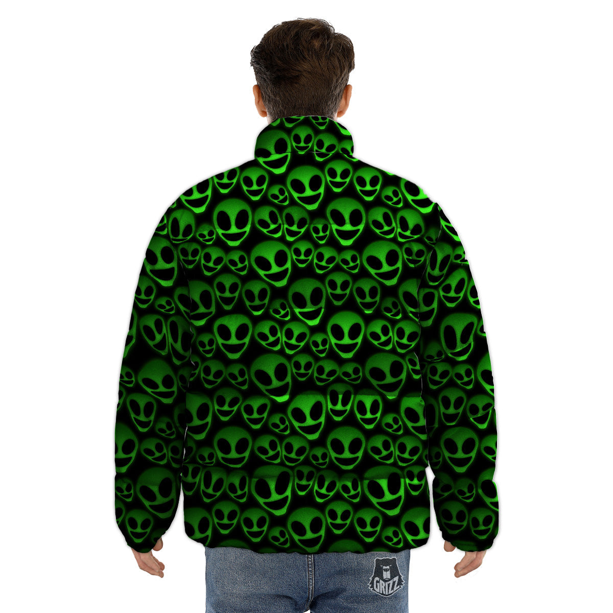 Horror Alien Green Neon Print Pattern Puffer Jacket-grizzshop