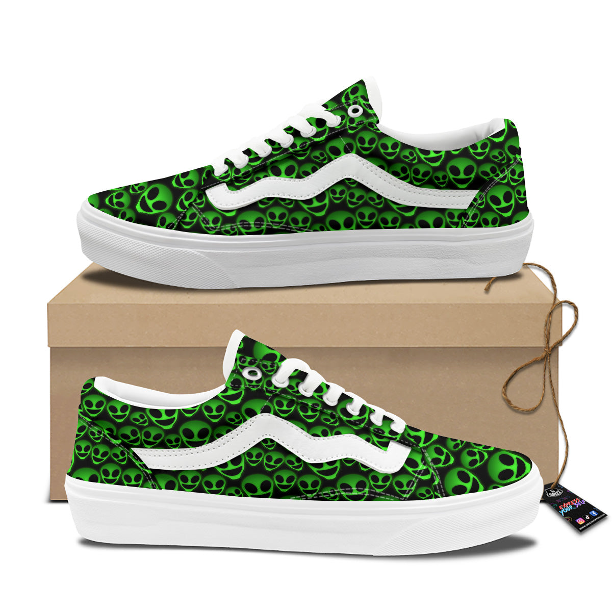 Horror Alien Green Neon Print Pattern Skate Shoes-grizzshop