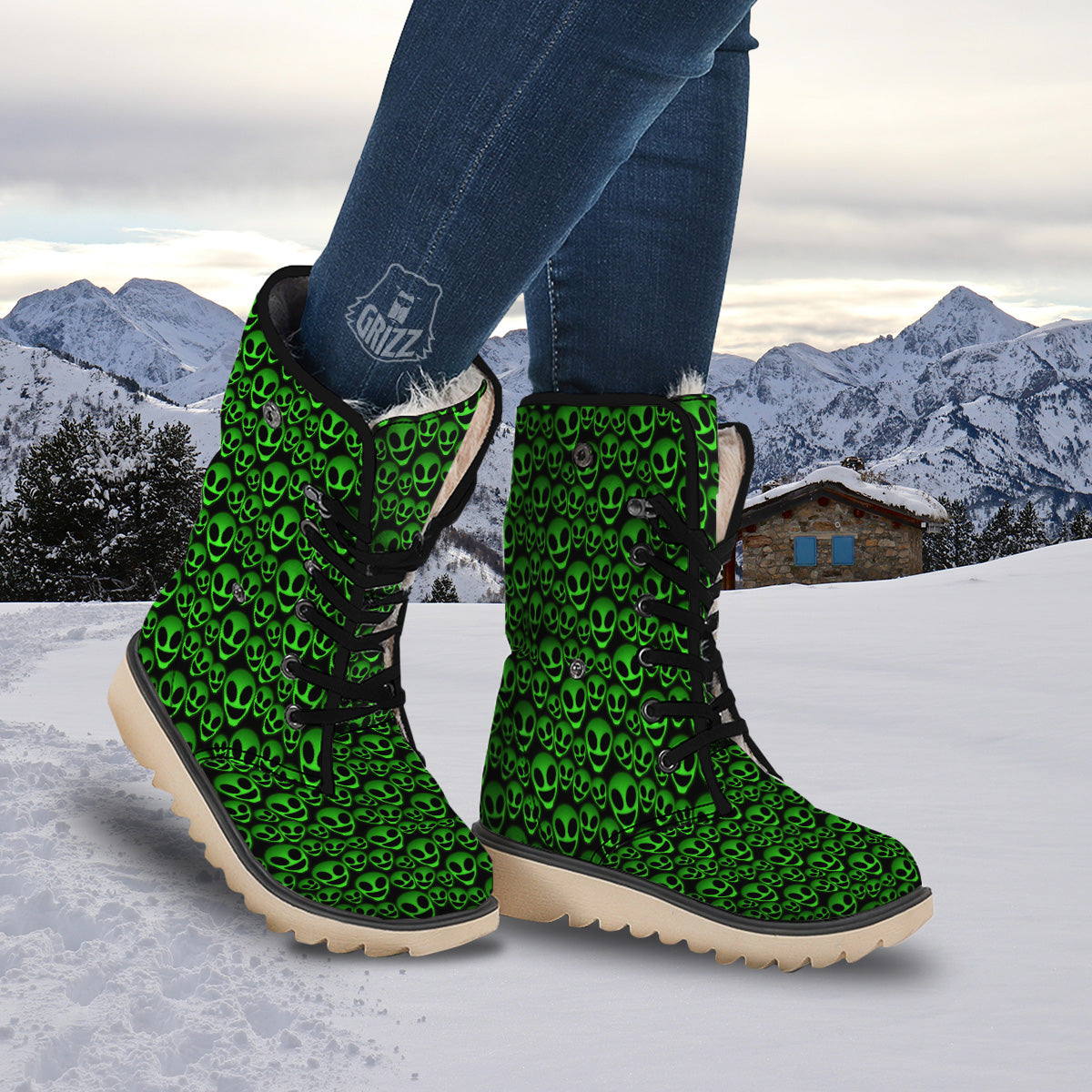 Horror Alien Green Neon Print Pattern Snow Boots-grizzshop