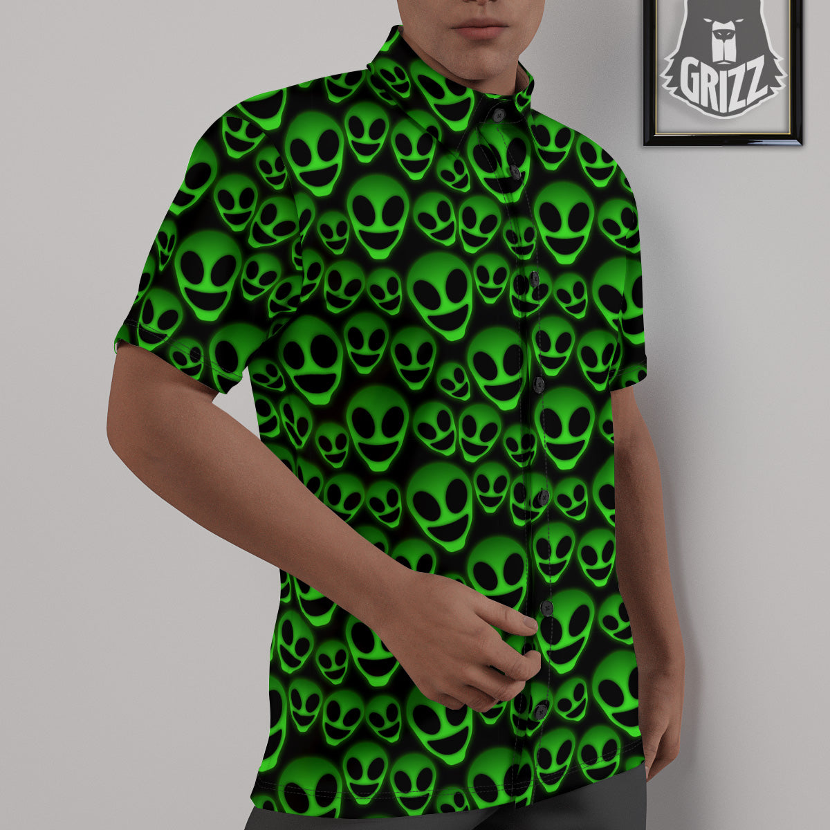 Horror Alien Green Neon Print Pattern Untucked Shirts-grizzshop