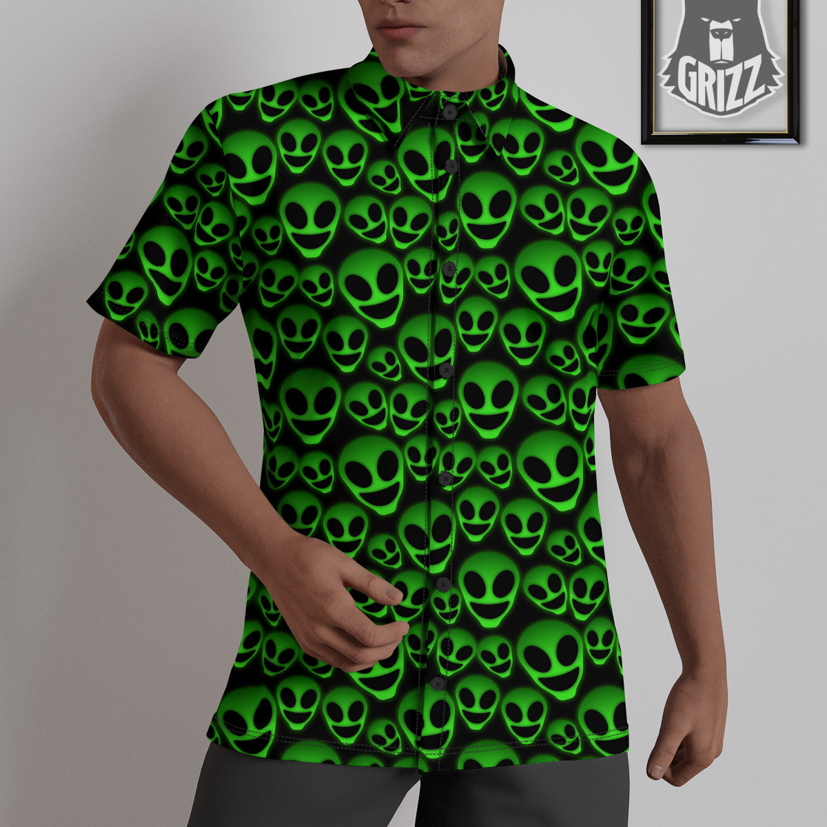 Horror Alien Green Neon Print Pattern Untucked Shirts-grizzshop