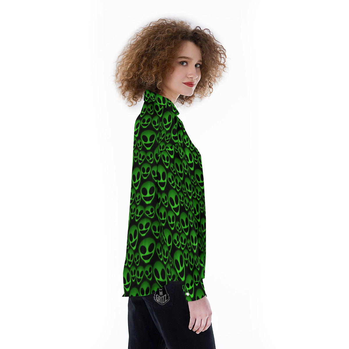 Horror Alien Green Neon Print Pattern Women's Long Sleeve Shirts-grizzshop