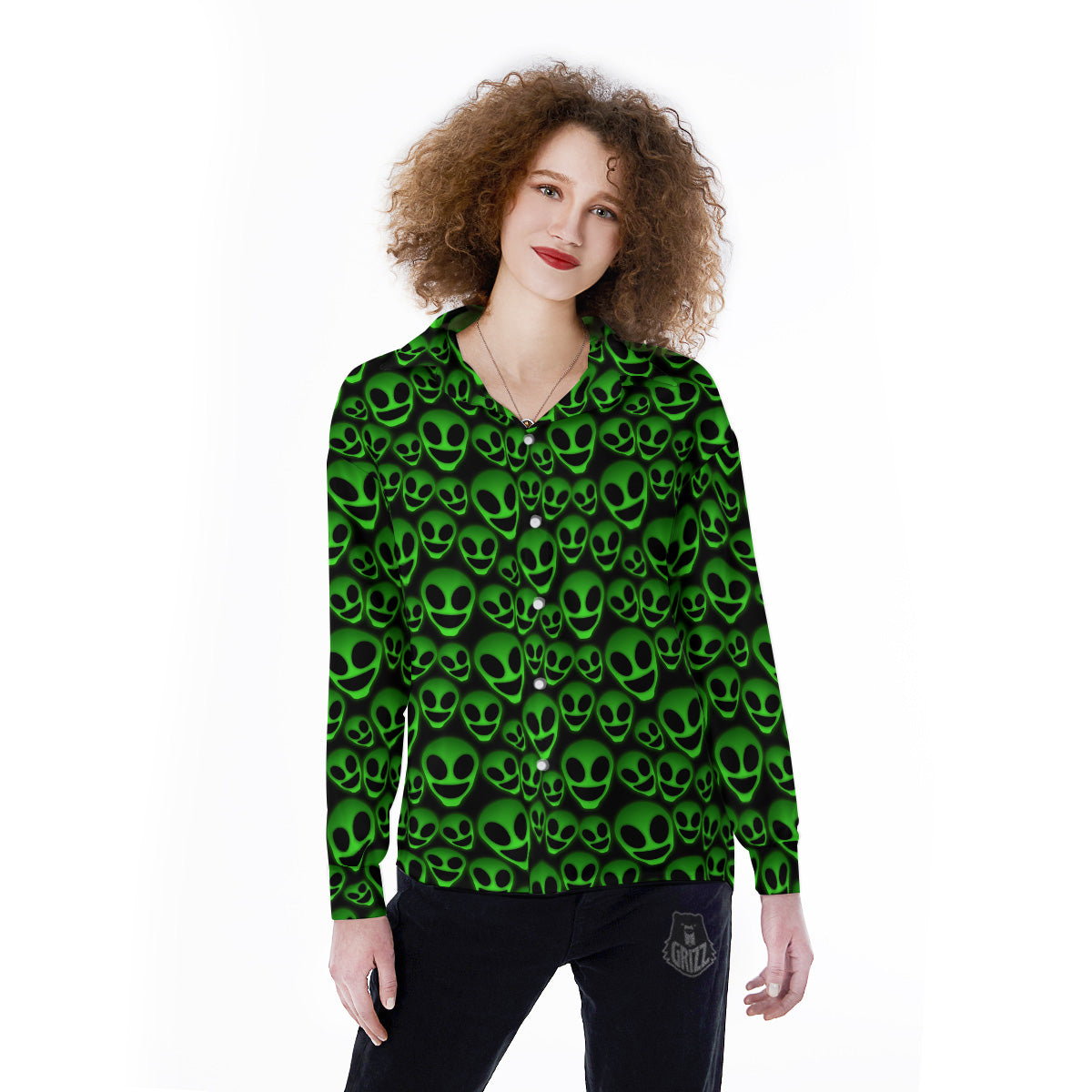 Horror Alien Green Neon Print Pattern Women's Long Sleeve Shirts-grizzshop