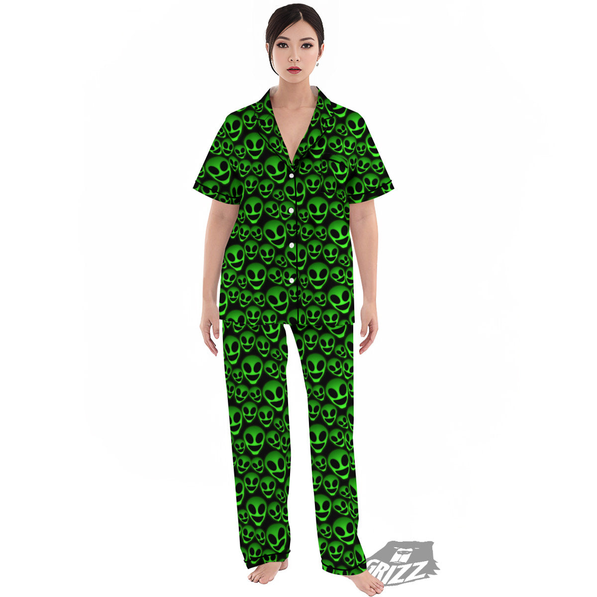 Horror Alien Green Neon Print Pattern Women's Pajamas Set-grizzshop