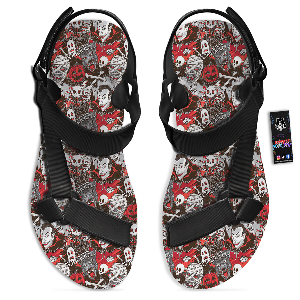 Horror Monsters Halloween Print Pattern Black Open Toe Sandals-grizzshop