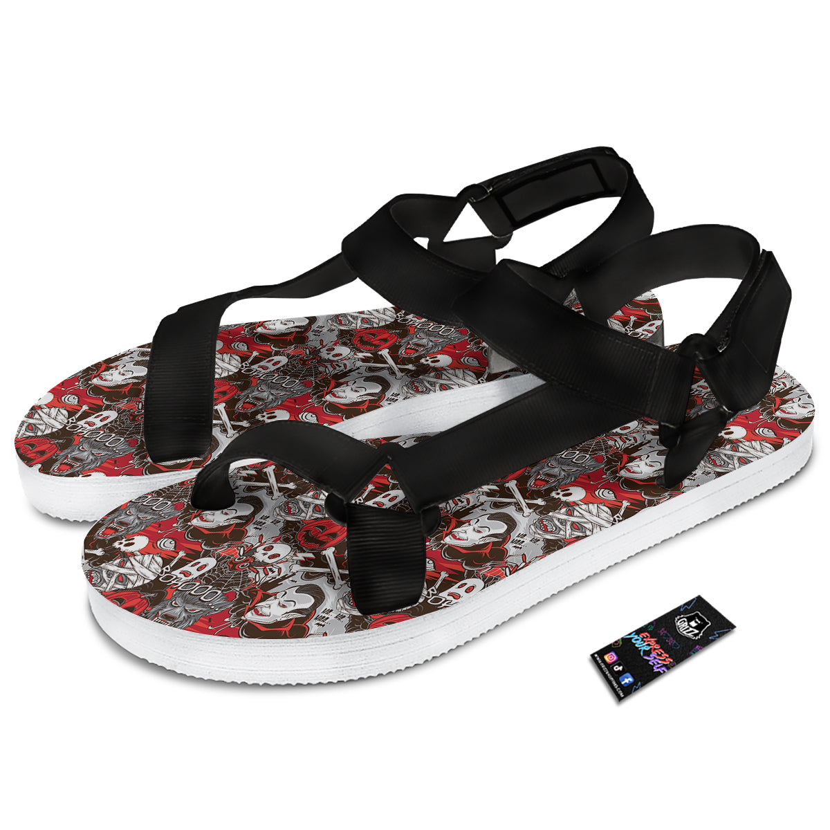 Horror Monsters Halloween Print Pattern Black Open Toe Sandals-grizzshop