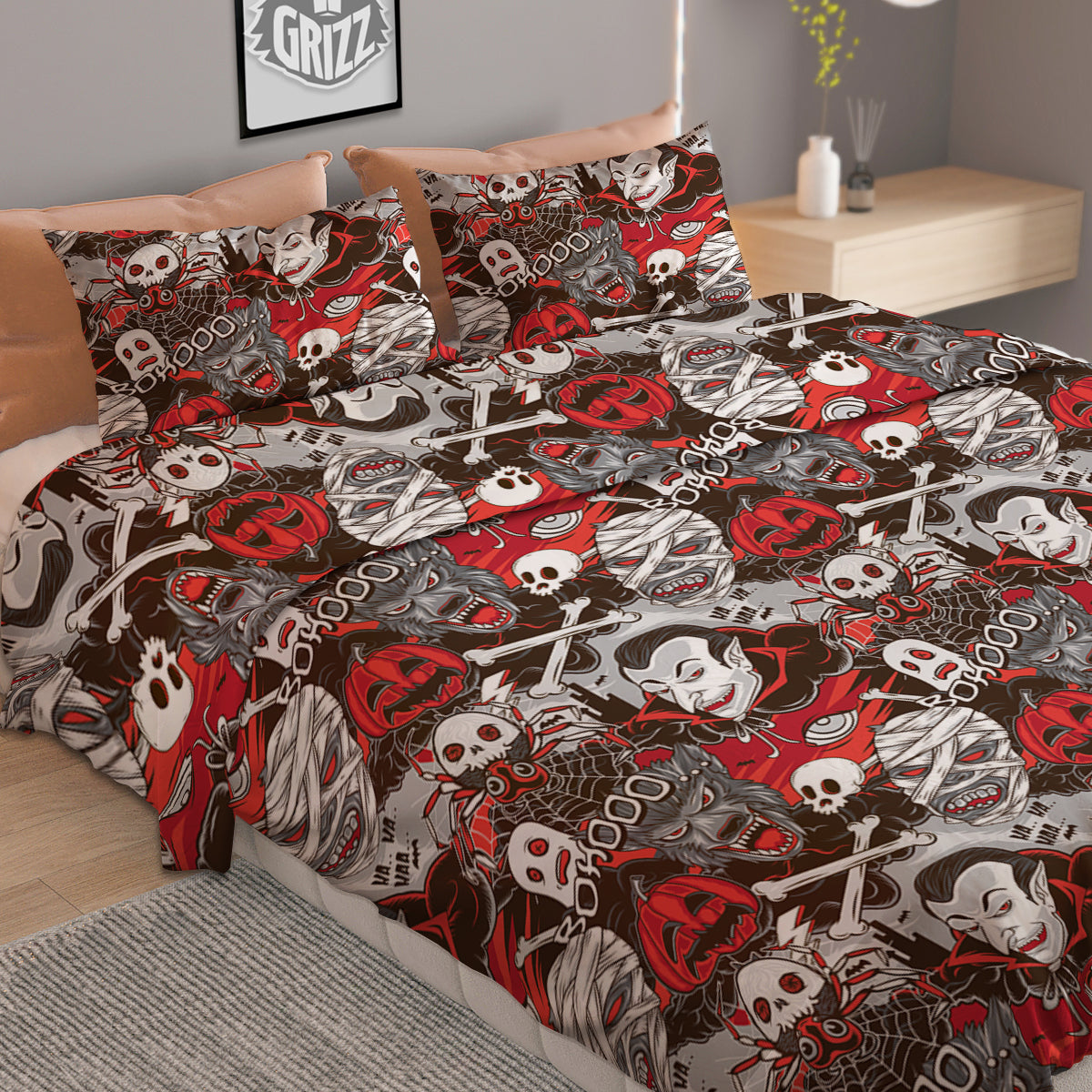 Horror Monsters Halloween Print Pattern Duvet Cover Bedding Set