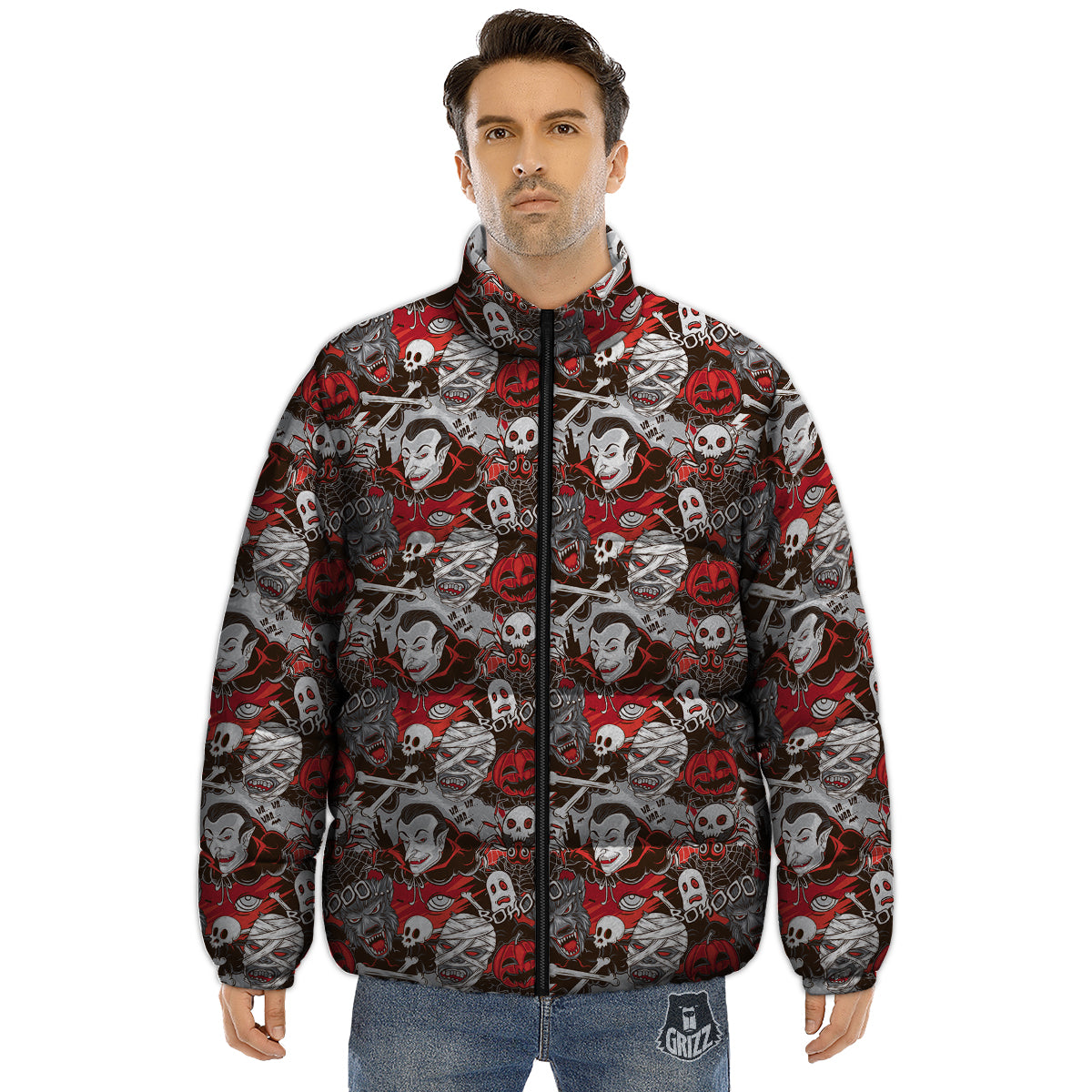 Horror Monsters Halloween Print Pattern Puffer Jacket-grizzshop