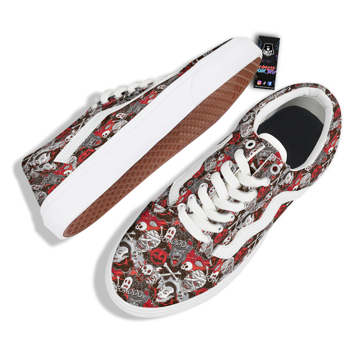 Horror Monsters Halloween Print Pattern Skate Shoes-grizzshop