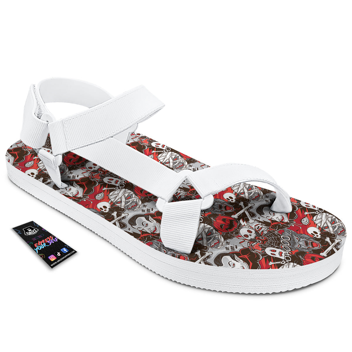 Horror Monsters Halloween Print Pattern White Open Toe Sandals-grizzshop