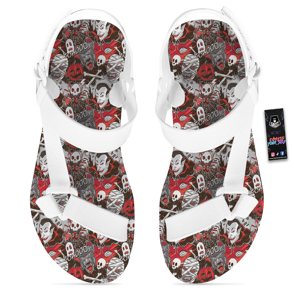 Horror Monsters Halloween Print Pattern White Open Toe Sandals-grizzshop