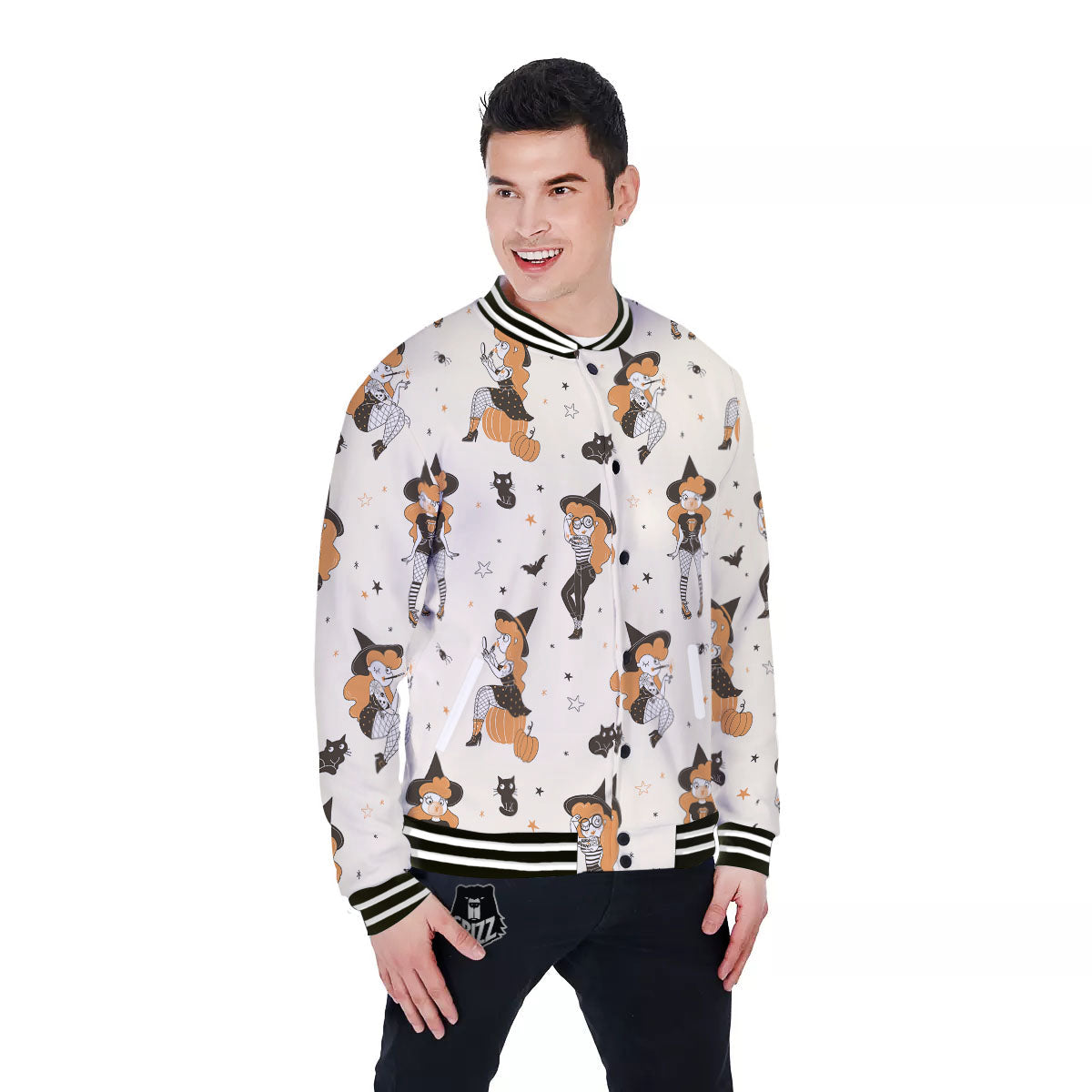 Horror Witch Black And Red Print Pattern Baseball Jacket-grizzshop