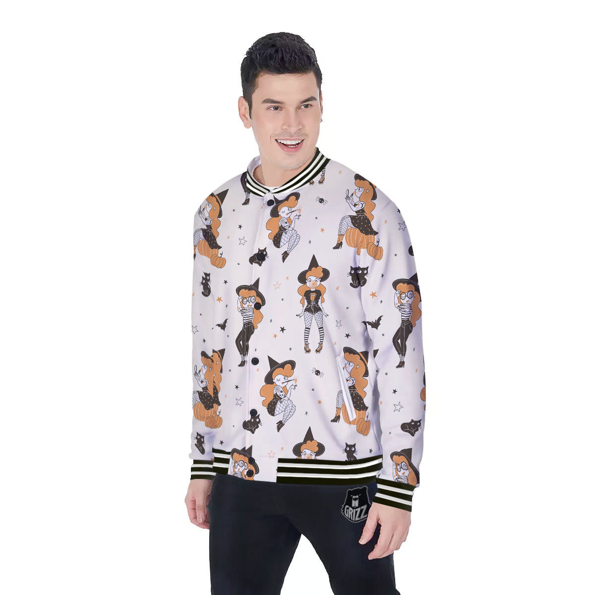Horror Witch Black And Red Print Pattern Baseball Jacket-grizzshop