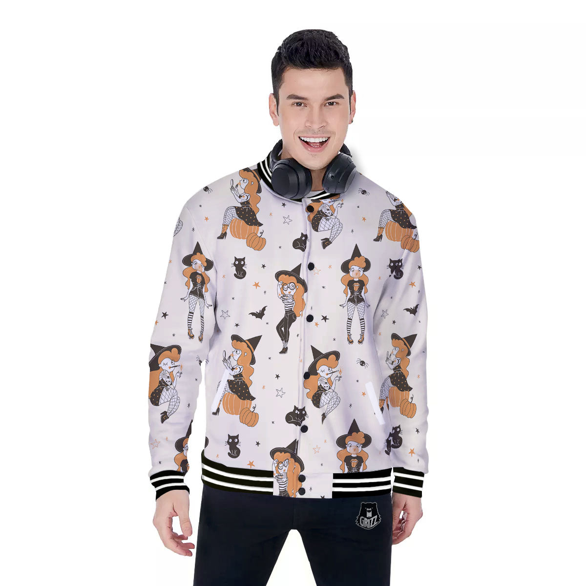 Horror Witch Black And Red Print Pattern Baseball Jacket-grizzshop
