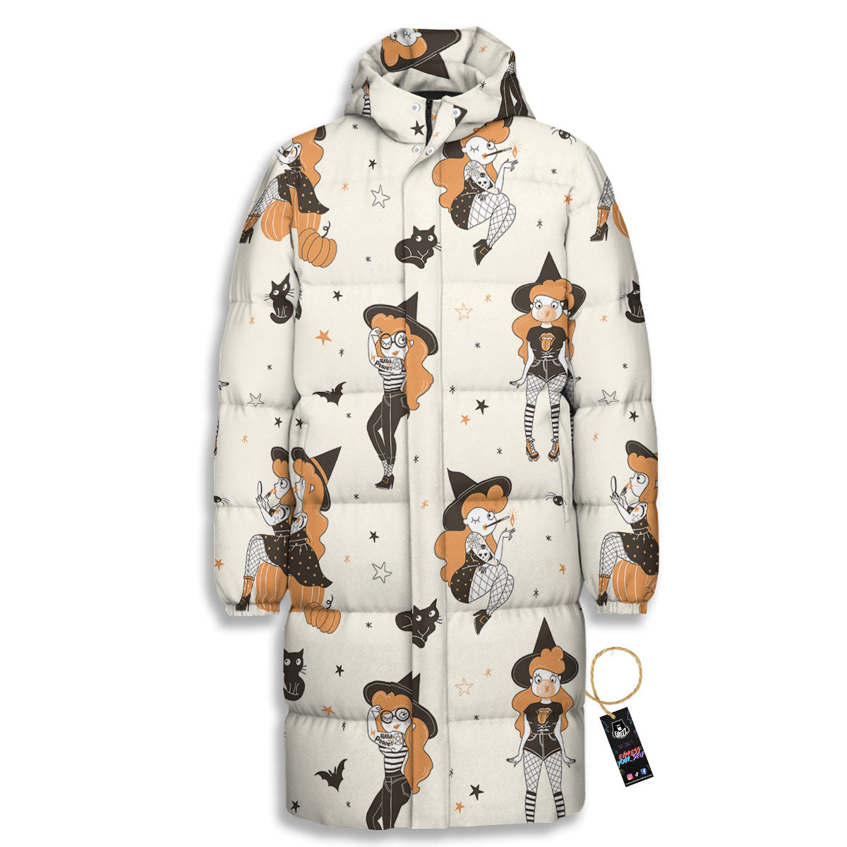 Horror Witch Black And Red Print Pattern Long Down Jacket-grizzshop