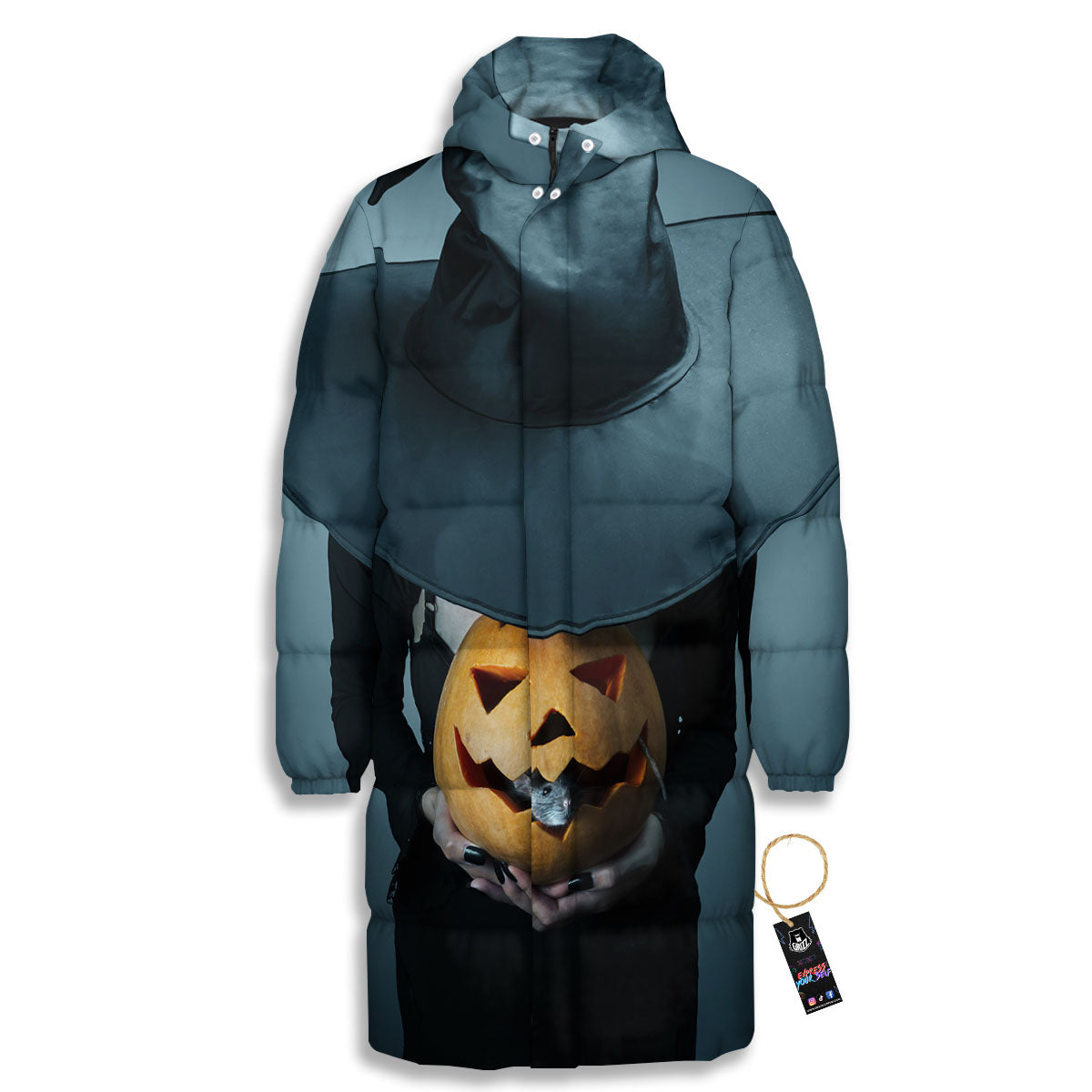 Horror Witch Halloween Print Long Down Jacket-grizzshop