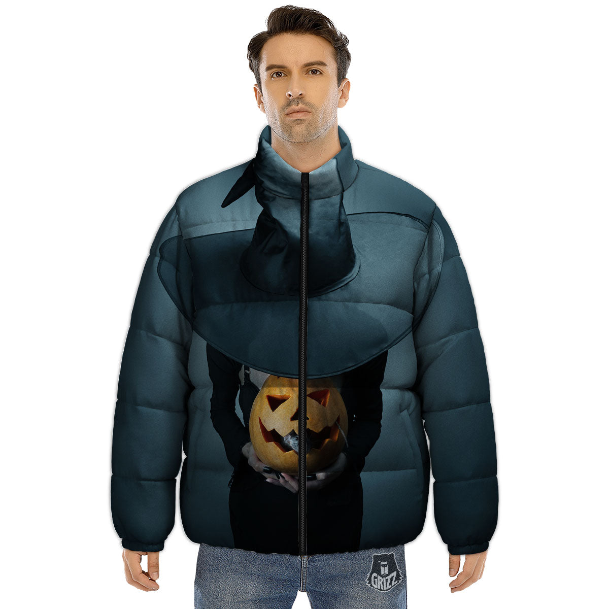 Horror Witch Halloween Print Puffer Jacket-grizzshop