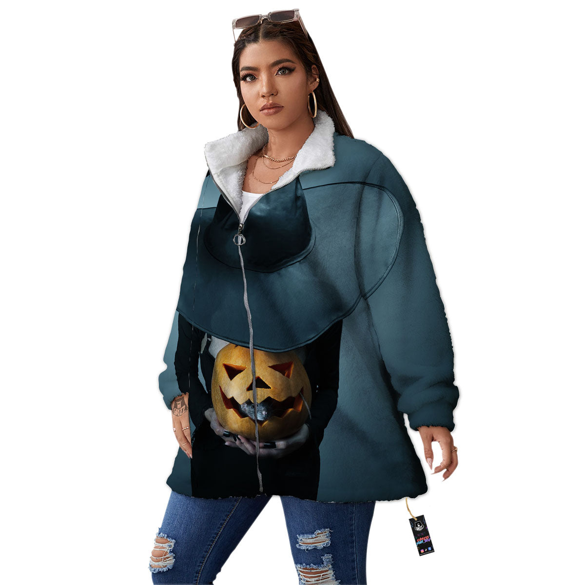 Horror Witch Halloween Print Women's Sherpa Jacket-grizzshop