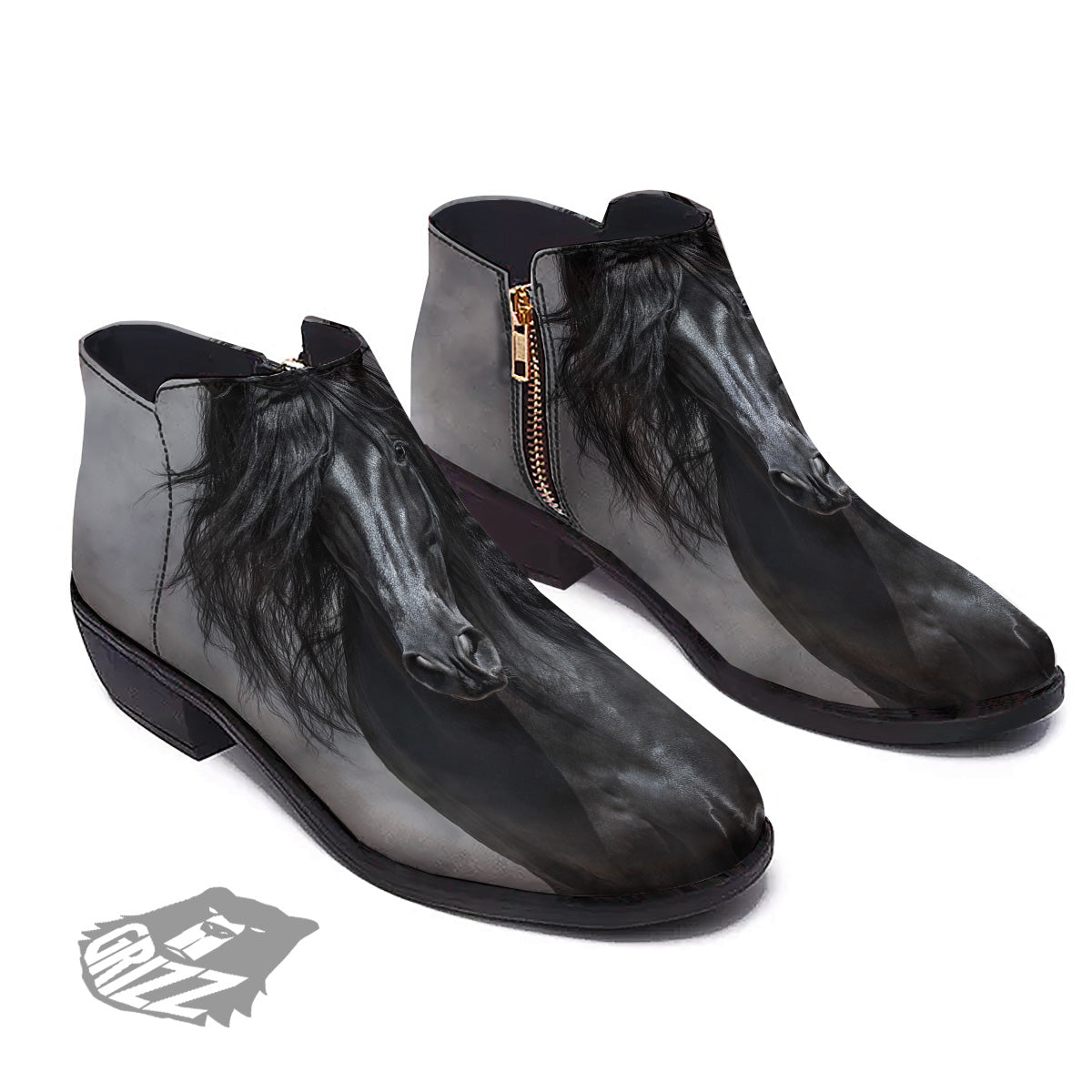 Horse Black Stallion Print Ankle Boots-grizzshop