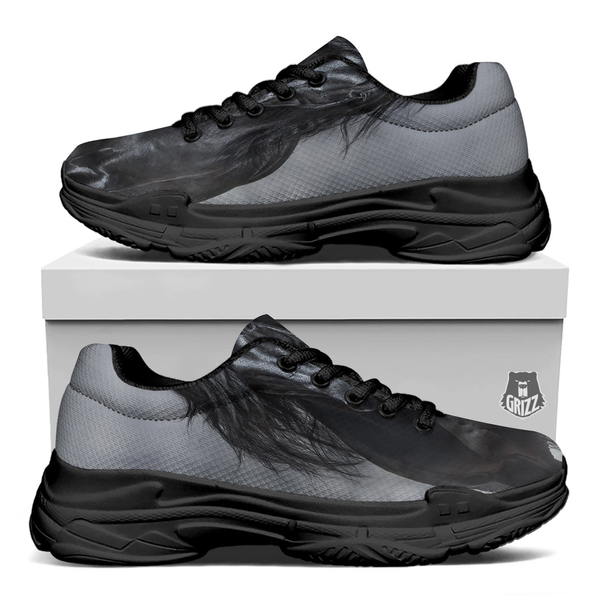 Horse Black Stallion Print Black Chunky Shoes-grizzshop