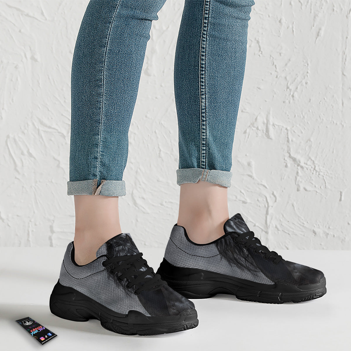 Horse Black Stallion Print Black Chunky Shoes-grizzshop