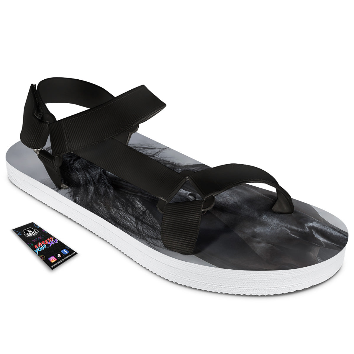 Horse Black Stallion Print Black Open Toe Sandals-grizzshop