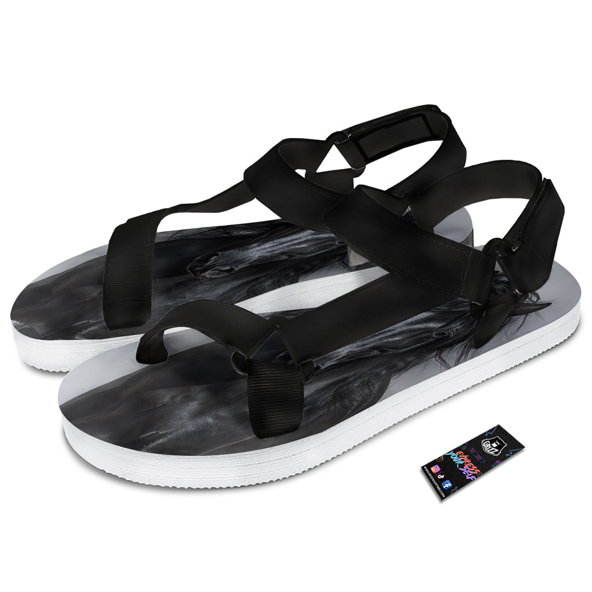 Horse Black Stallion Print Black Open Toe Sandals-grizzshop