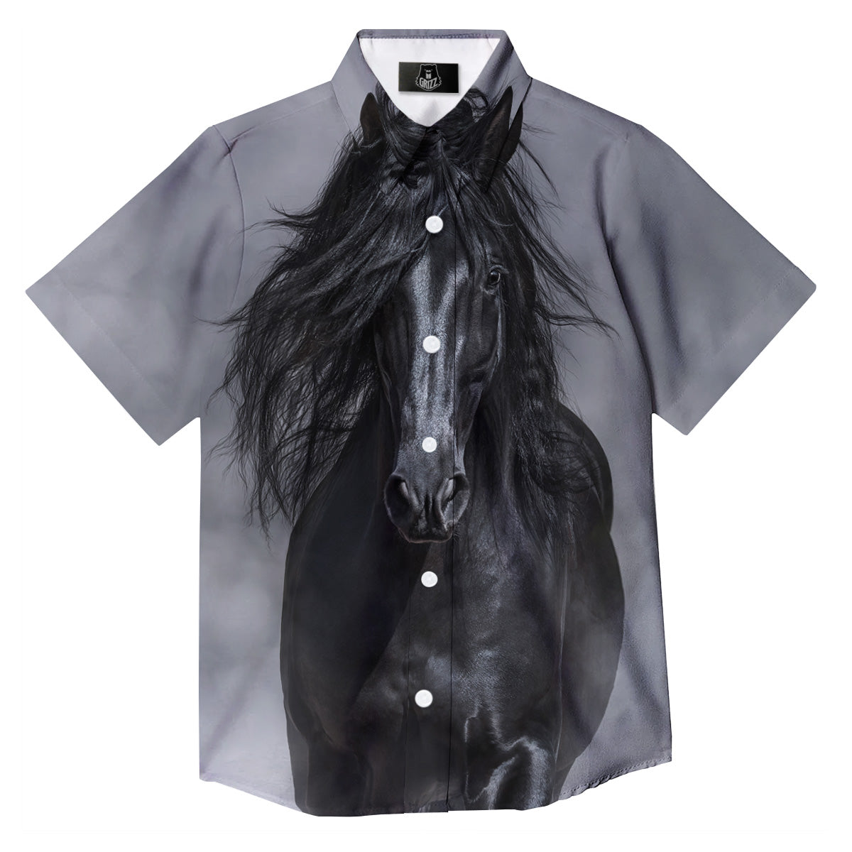 Horse Black Stallion Print Button Up Shirt-grizzshop