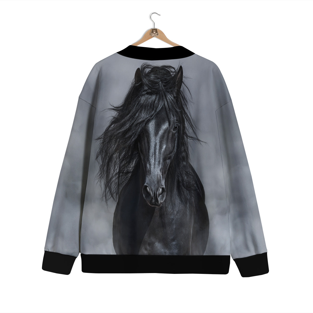 Horse Black Stallion Print Cardigan-grizzshop