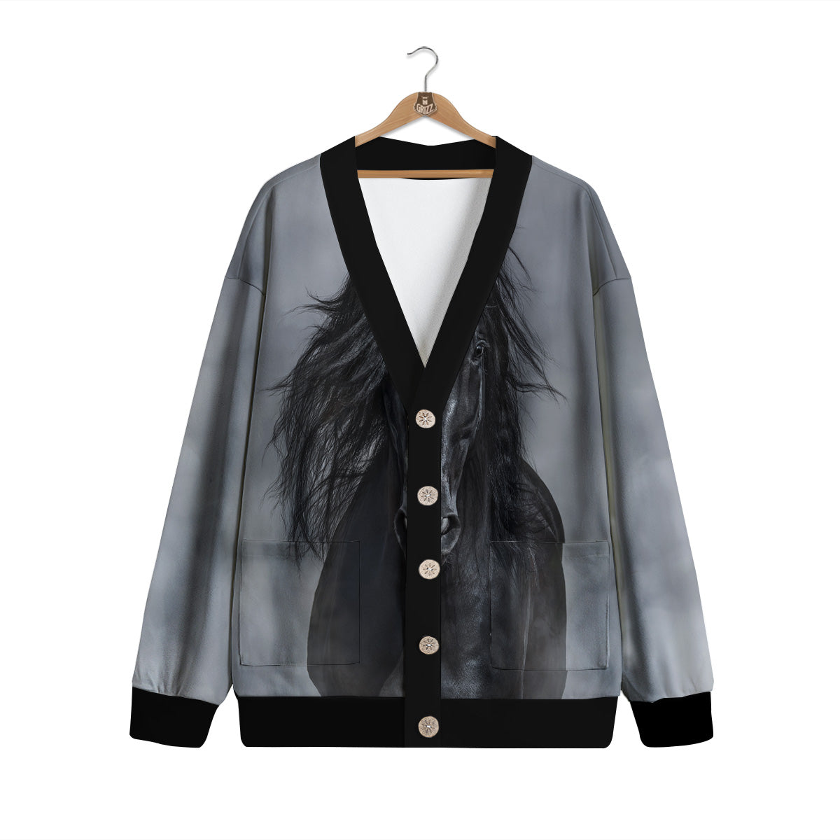 Horse Black Stallion Print Cardigan-grizzshop