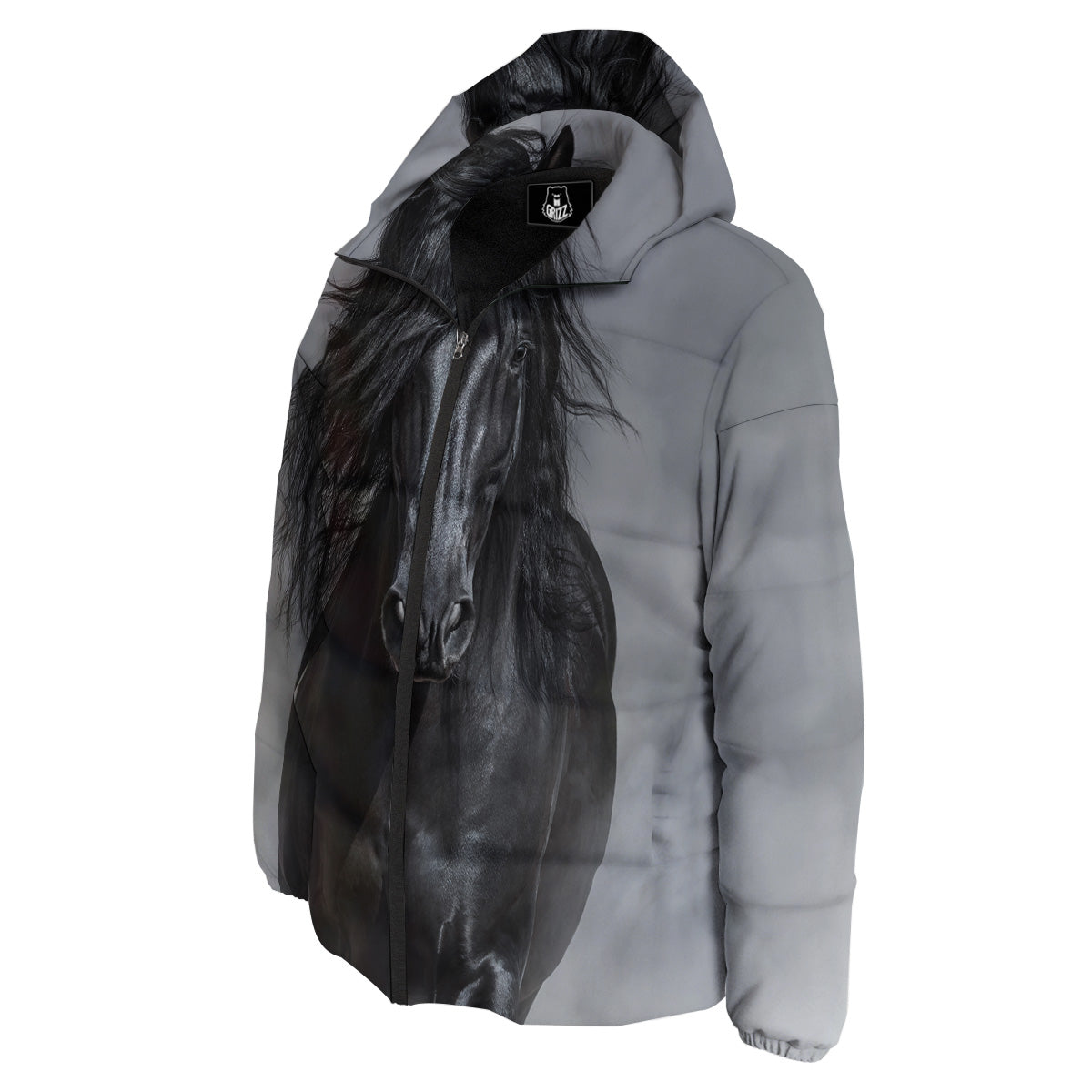 Horse Black Stallion Print Down Jacket-grizzshop