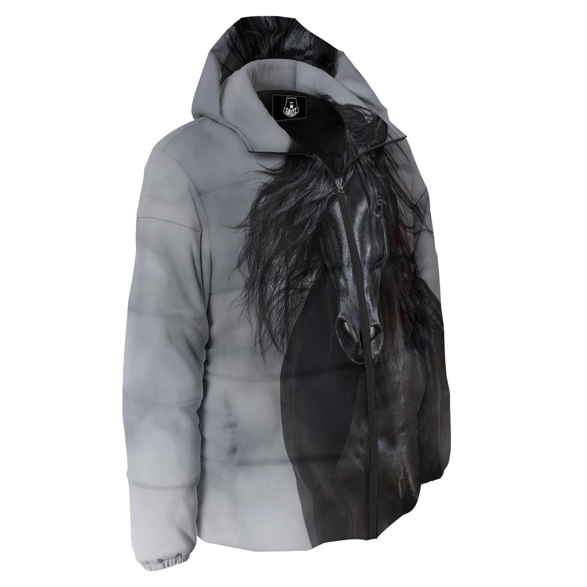 Horse Black Stallion Print Down Jacket-grizzshop