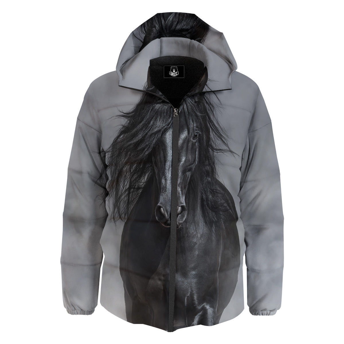 Horse Black Stallion Print Down Jacket-grizzshop