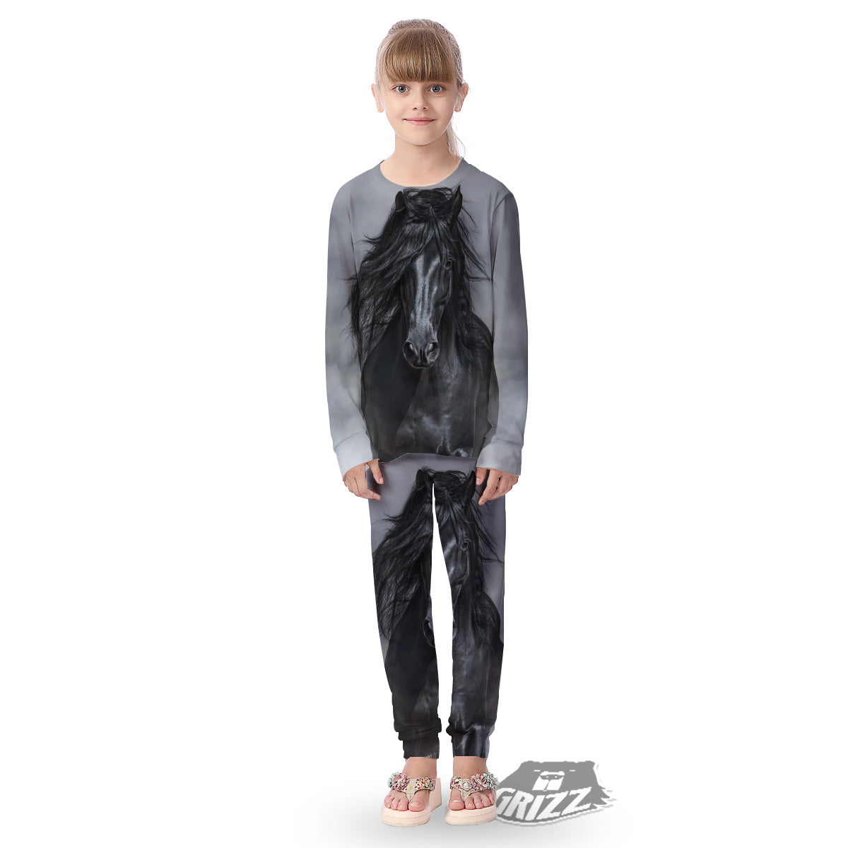 Horse Black Stallion Print Kid's Pajamas-grizzshop