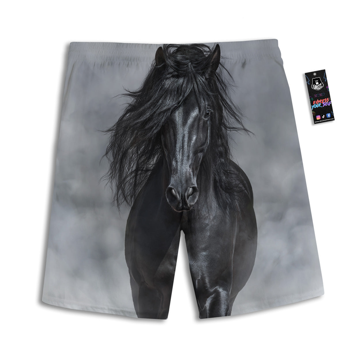 Horse Black Stallion Print Men's Athletic Shorts