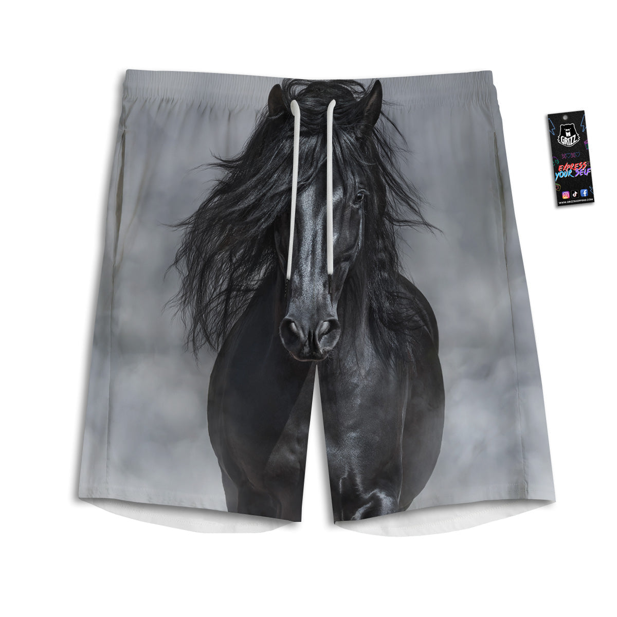 Horse Black Stallion Print Men's Athletic Shorts
