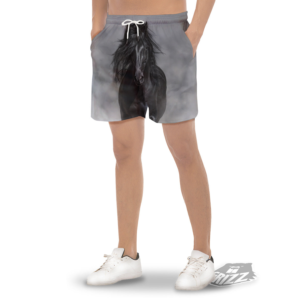 Horse Black Stallion Print Men's Gym Shorts-grizzshop