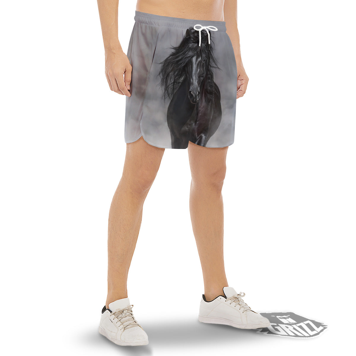 Horse Black Stallion Print Men's Gym Shorts-grizzshop