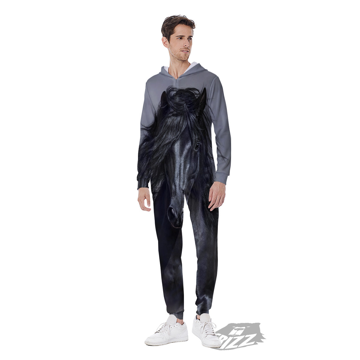 Horse Black Stallion Print Men's Jumpsuit-grizzshop