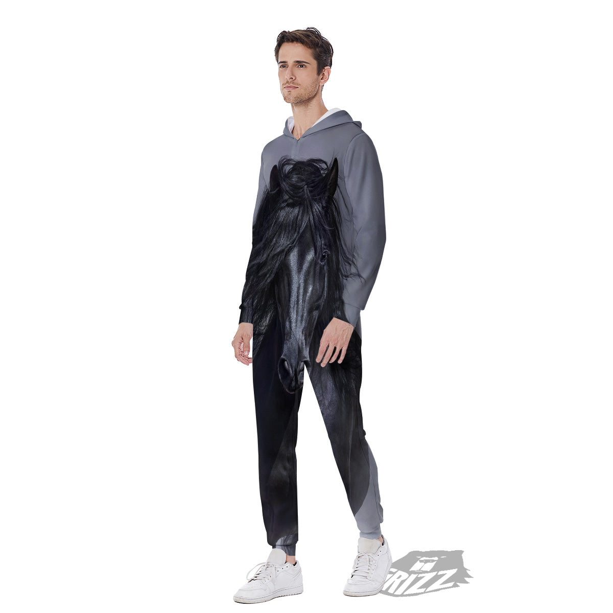 Horse Black Stallion Print Men's Jumpsuit-grizzshop