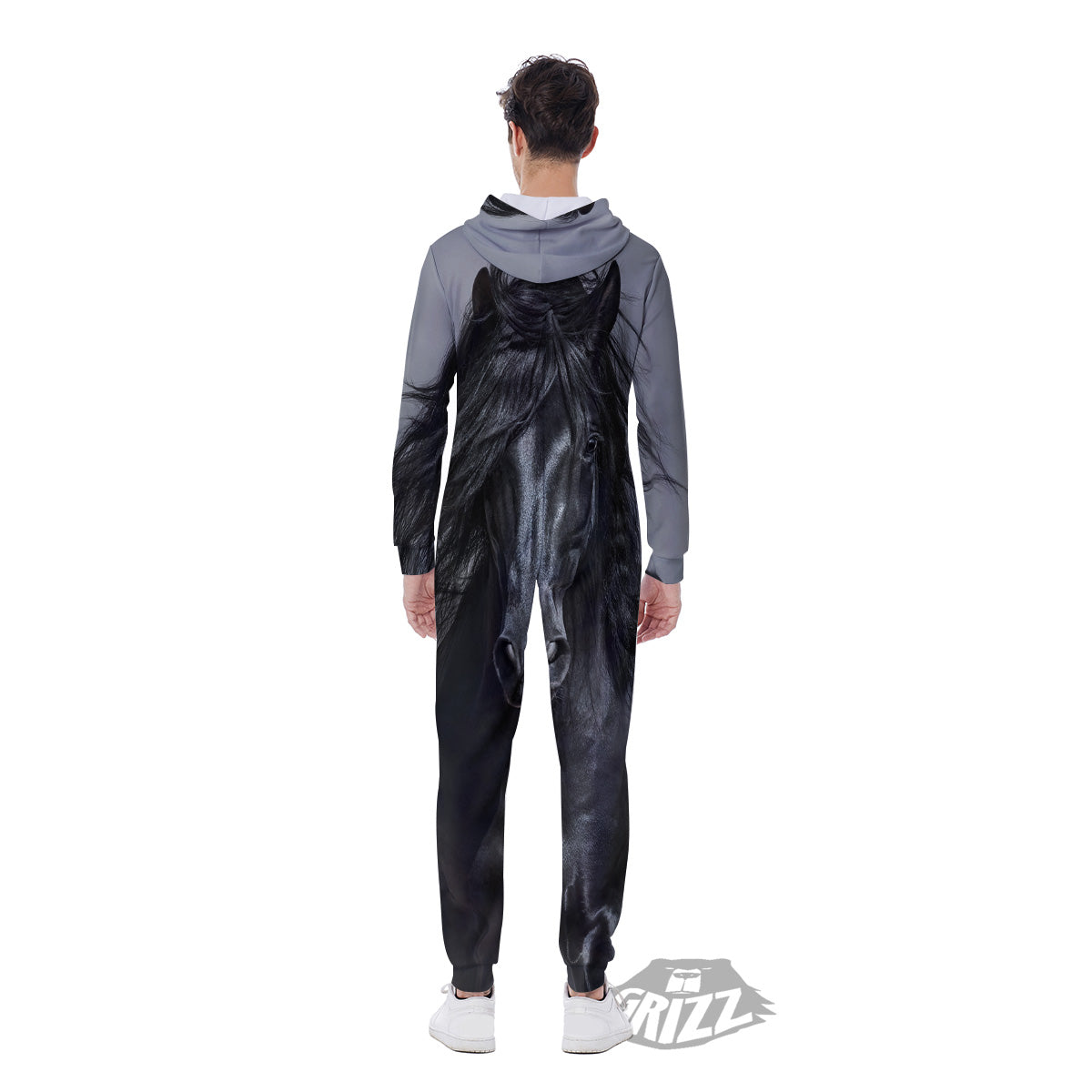 Horse Black Stallion Print Men's Jumpsuit-grizzshop